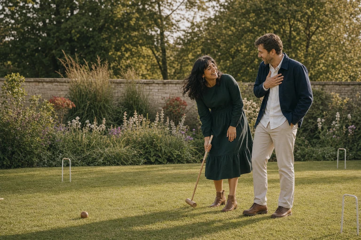 Amelia and Luca playing croquet in a walled garden
