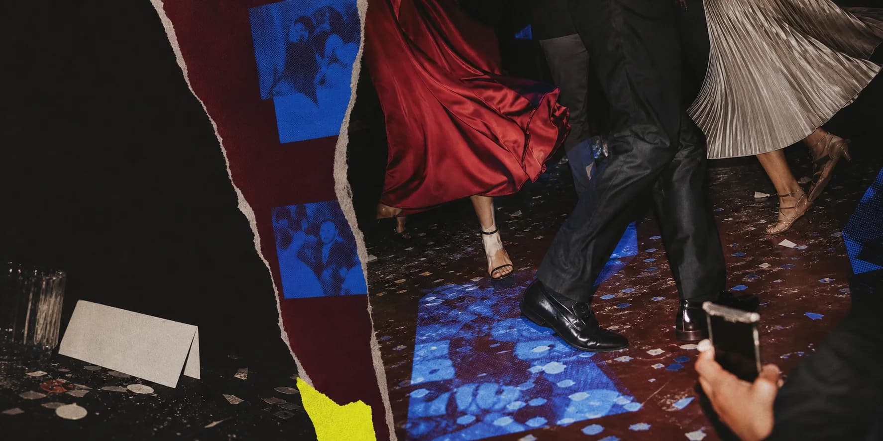 Cropped figures dancing under flash and cobalt projector light
