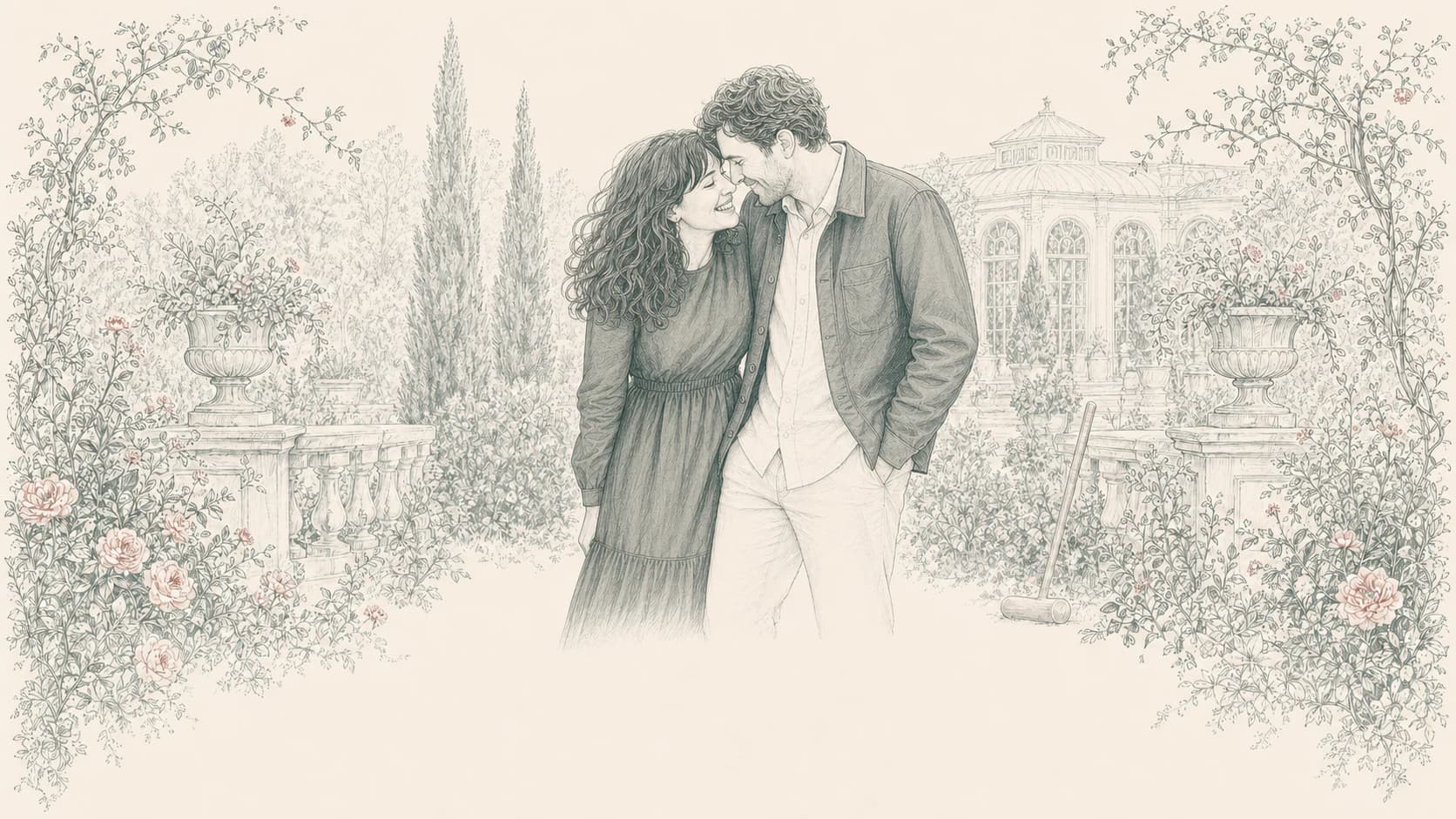 A botanical line drawing of Amelia and Luca laughing together in the Orangery garden