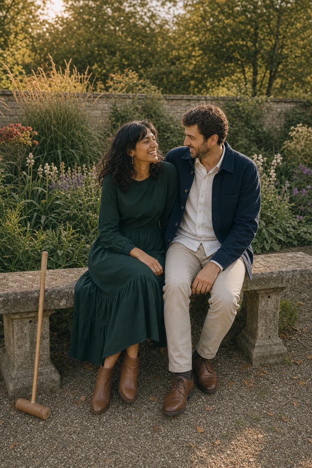 Amelia and Luca laughing together on a stone bench after playing croquet