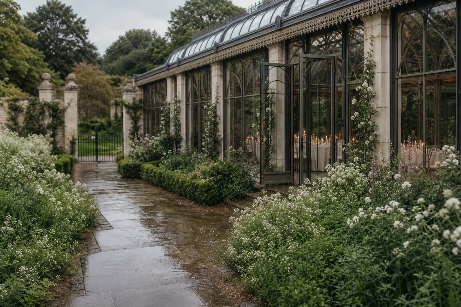 The glass Orangery at Ashcombe Gardens beside its garden path